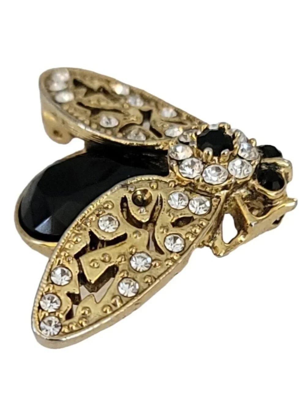 1928 Brand Gold Tone Black Clear Glass Rhinestone Bug Brooch Pin, K345